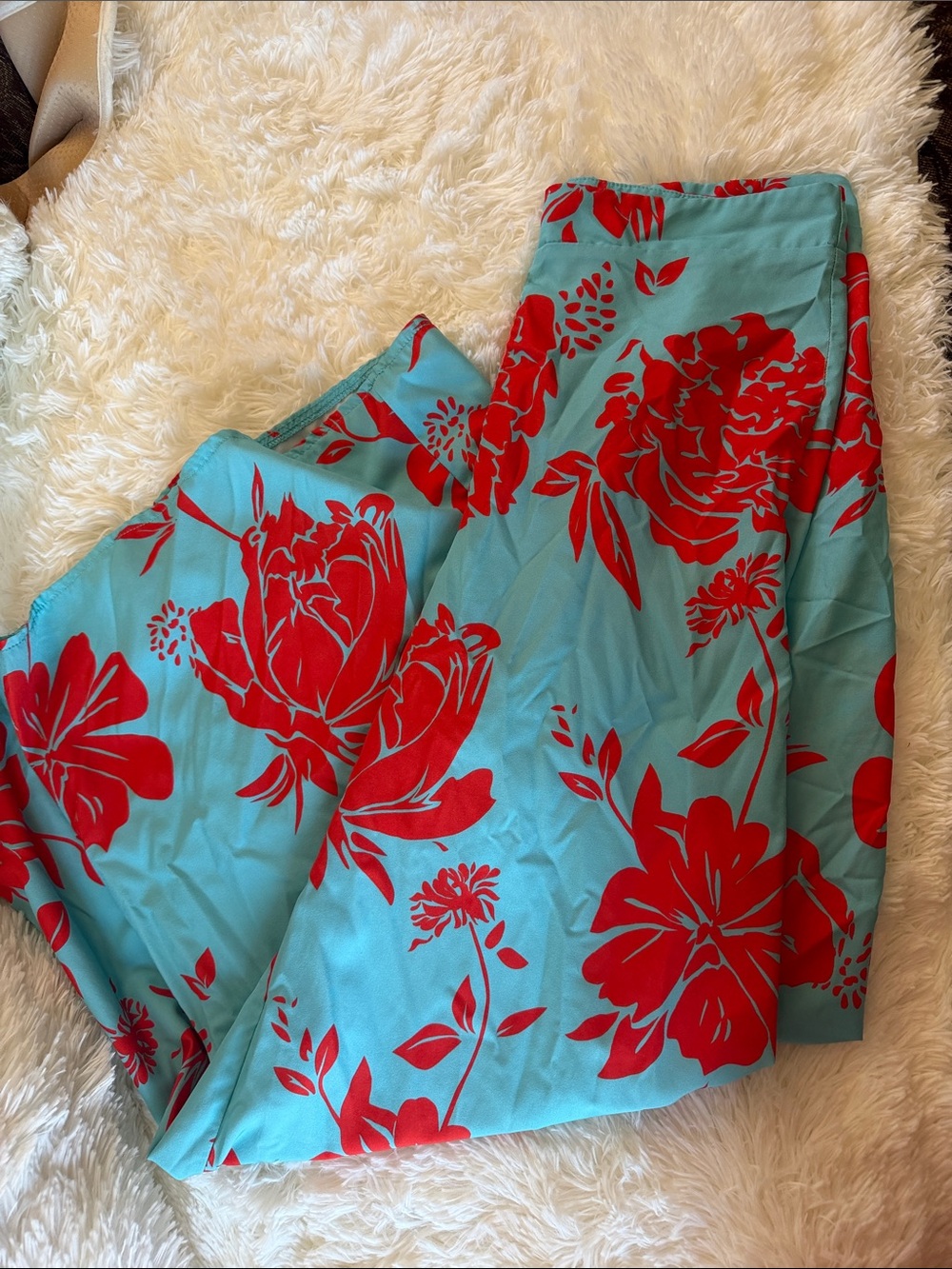SHEIN Turquoise Maxi Skirt with Red Floral Print